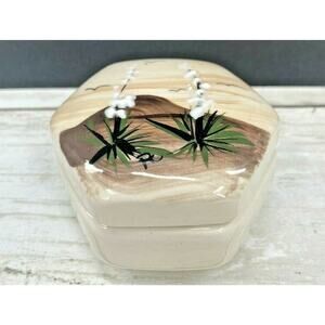 Vintage Asian Porcelain Ceramic 2.75” Hexagon Trinket Box W/ Lid and Jade Stone